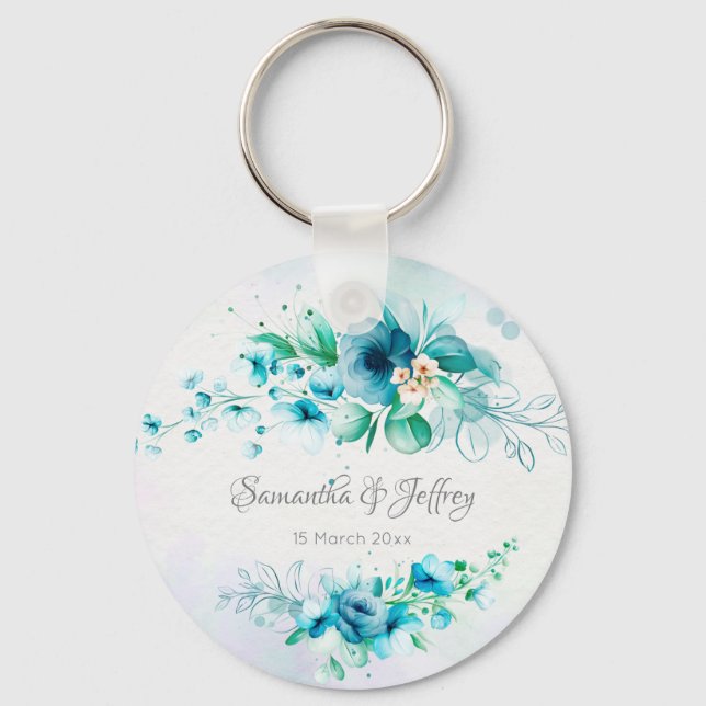Porte-clés Fleurs vert turquoise bleu floral personnalisé (Recto)