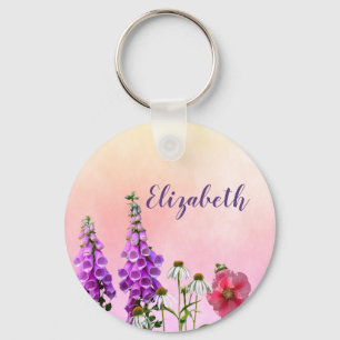 Porte-clés Fleurs violettes pêche nom rose monogramme