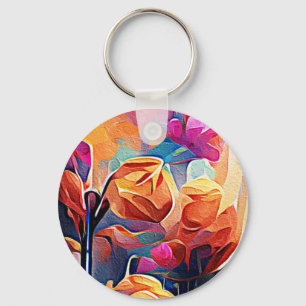 Porte-clés Floral Abstract Art Orange Red Blue Flowers