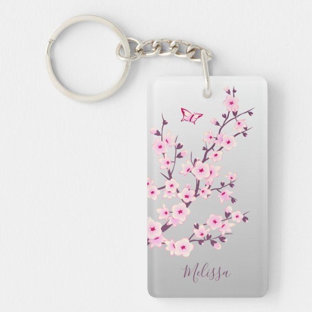 Porte-clés Floral Cerise Blossoms rose Grey Ajouter un nom (Devant)