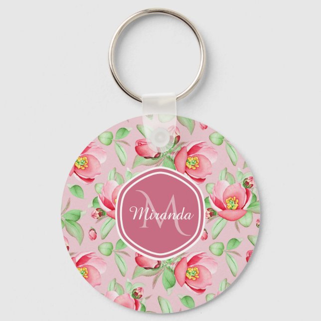 Porte-clés Floral De Fleur De Pomme Rose Douce Avec Monogramm (Recto)