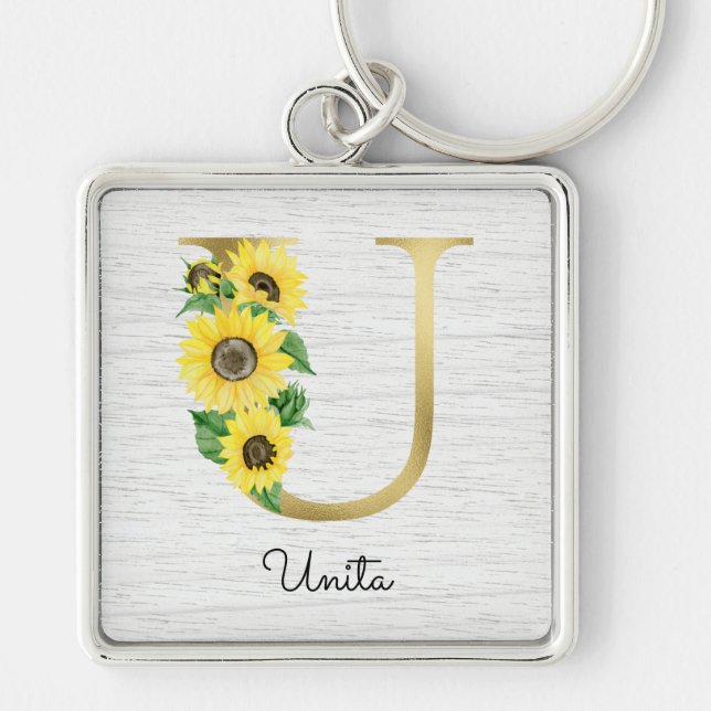 Porte-clés Floral de tournesol d'or monogramme U initial (Devant)