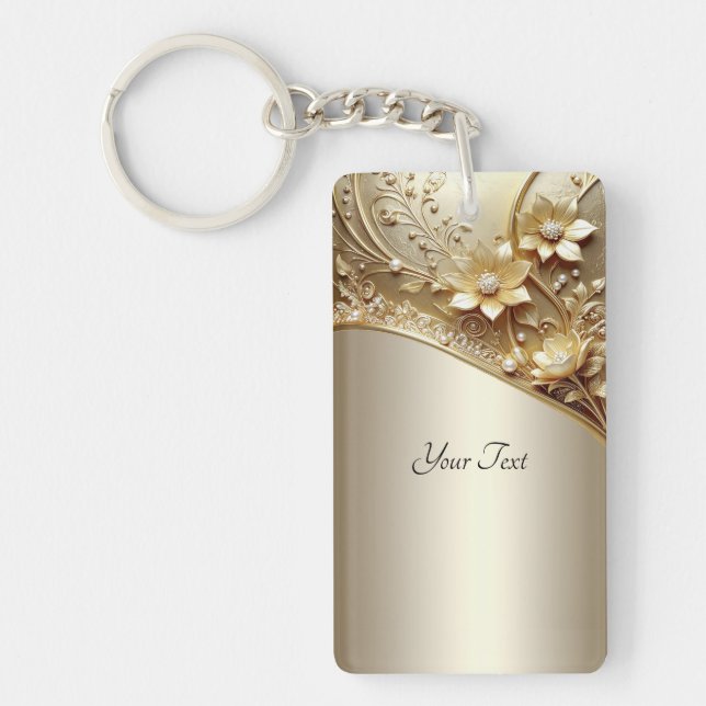 Porte-clés floral en or orné moderne avec perles (Devant)