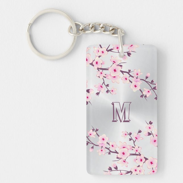 Porte-clés Floral Fleurs de cerisiers Monogramme Argent rose (Devant)