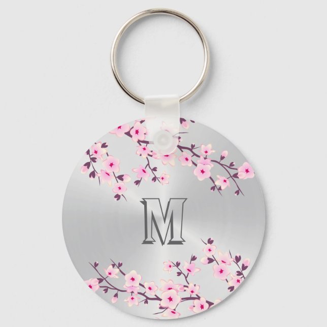 Porte-clés Floral Fleurs de cerisiers Monogramme rose argent (Recto)