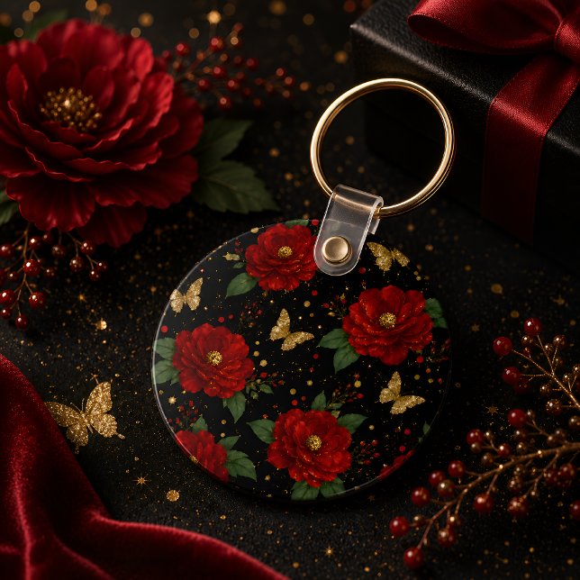 Porte-clés floral Glam Roses rouges Papillon doré  (Créateur téléchargé)