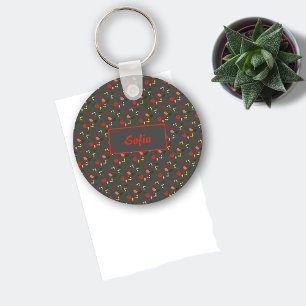 Porte-clés Floral gris motif rouge fleur sauvage nom Porte -