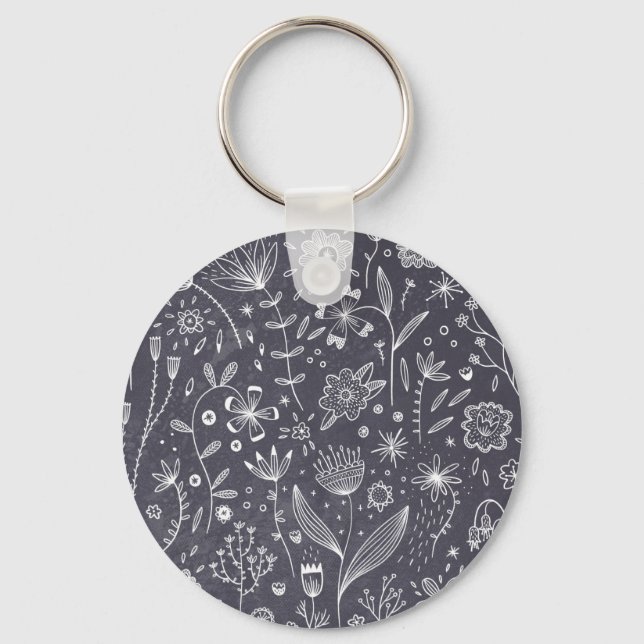 Porte-clés Floral Line Art Monochrome (Recto)