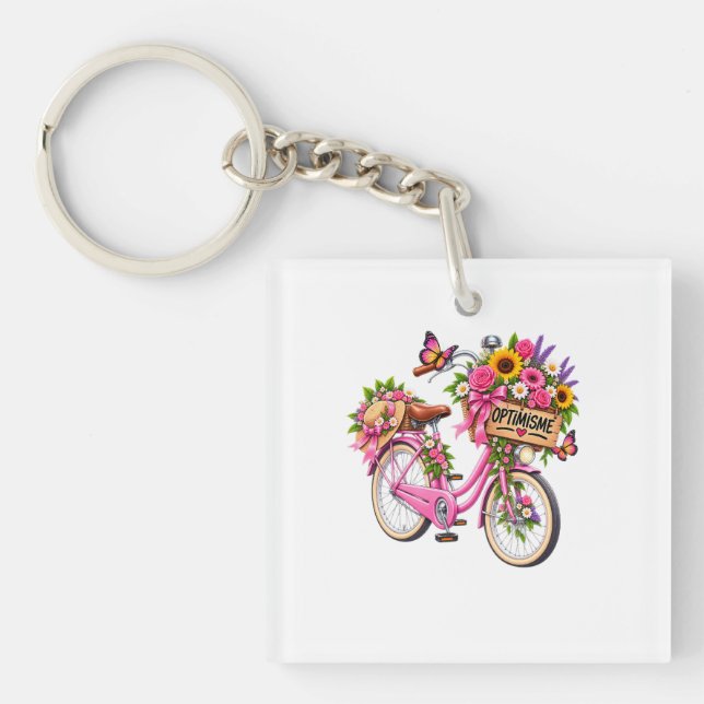 Porte-Clés Floral « Optimisme » – Vélo Rose Fleuri (Devant)
