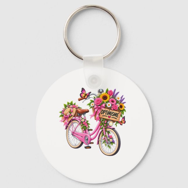 Porte-Clés Floral « Optimisme » – Vélo Rose Fleuri (Recto)