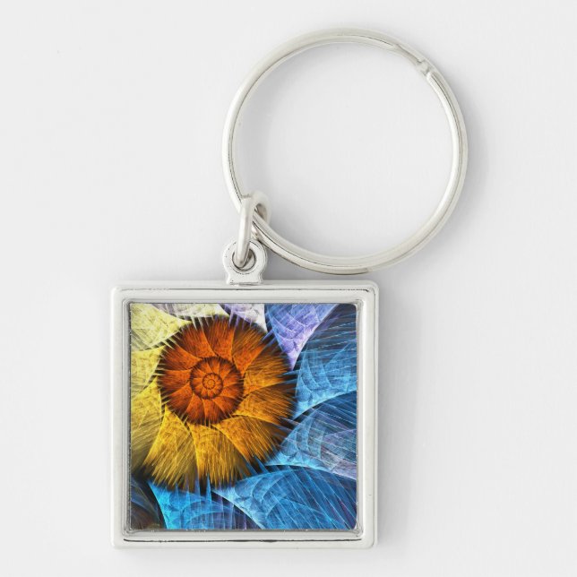 Porte-clés Floral Orange Bleu Jaune Art Abstrait (Devant)