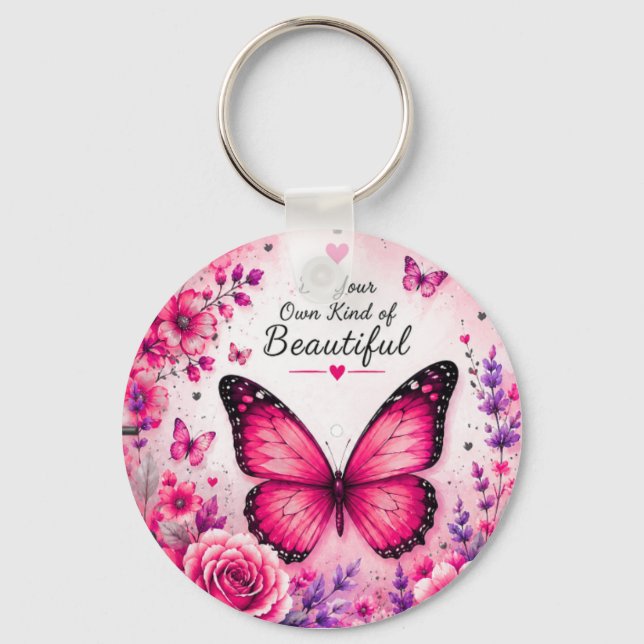 Porte-clés floral Papillon Rose Cadeau pour Elle (Recto)