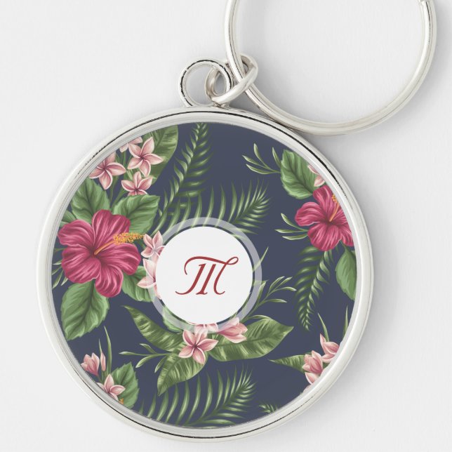 Porte-clés Floral Pattern Hibiscus Monogram Round Keychain (Devant)