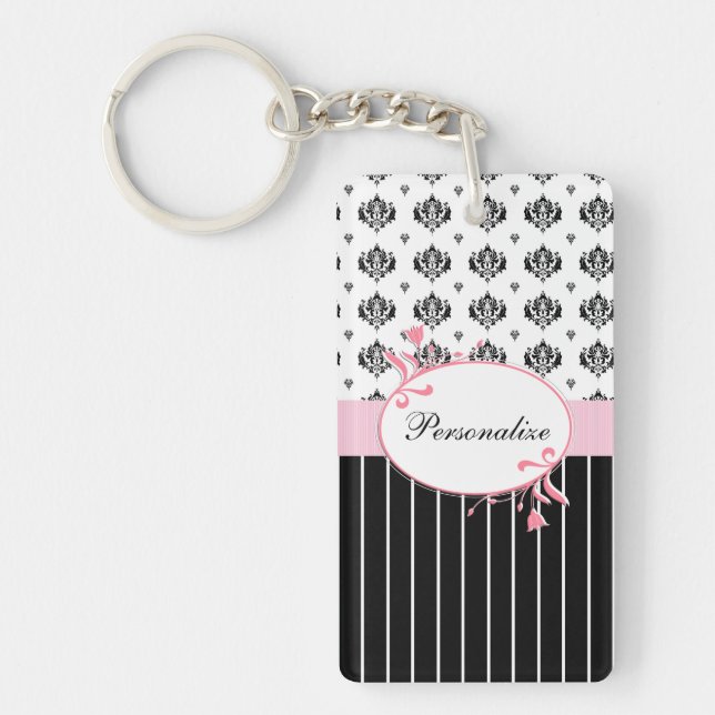 Porte-clés Floral rose chic de damassé noire et blanche avec (Devant)
