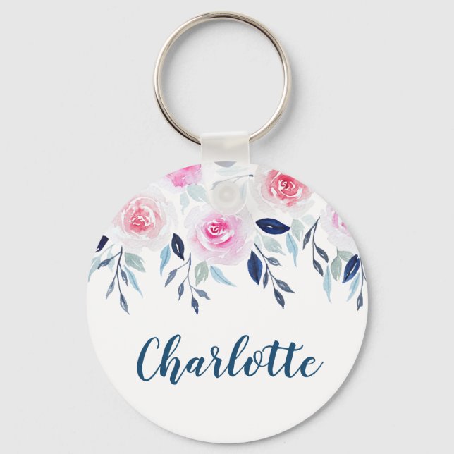 Porte-clés Floral rose Roses Aquarelle Nom personnalisé (Recto)