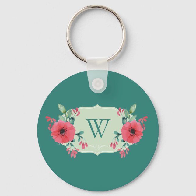 Porte-clés floral sarcelle avec fleurs roses (Recto)