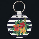 Porte-clés Flore colorée sur bandes noir et blanc<br><div class="desc">Bandes modernes et porte - clé floral avec monogramme en option.</div>