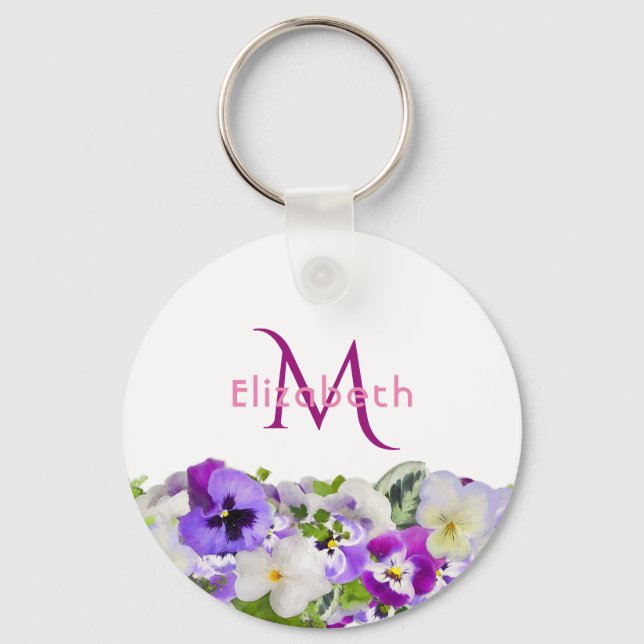 Porte-clés Flores violets blanc monogramme élégant (Recto)