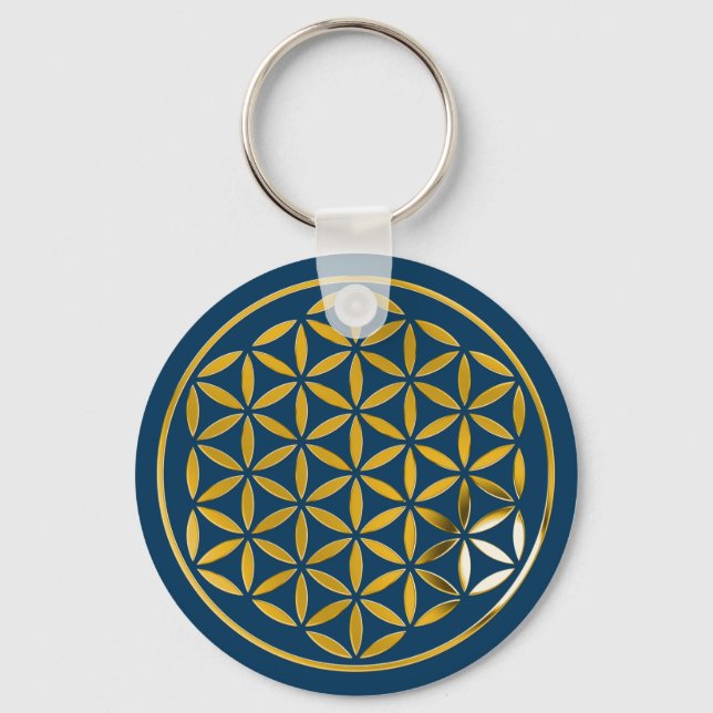 Porte-clés Flower Of Life 1 - Timbre Or | bleu foncé (Recto)