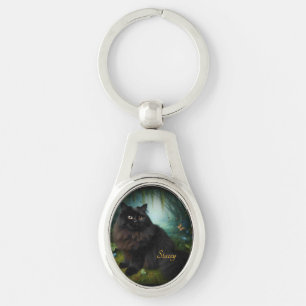 Porte-clés Fluffy Chat noir dans Misty Woods Nom Avant
