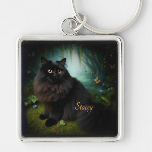 Porte-clés Fluffy Chat noir dans Misty Woods Nom Avant