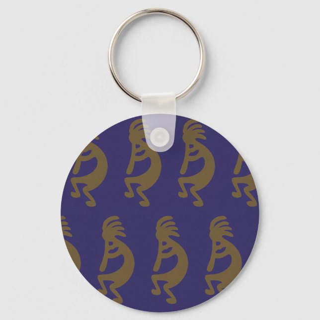Porte-clés Flûte Jouer Kokopelli Figure - Vert sur Bleu (Recto)
