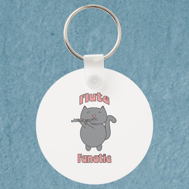 Porte-clés Flute Playing Gray Cat Funny Musician (A key chain featuring a flute playing gray cat with the words flute fanatic in pink.)