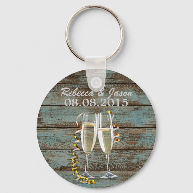 Porte-clés flûtes de champagne grange bleu rustique mariage (Recto)