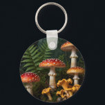 Porte-clés Fly Agaric Mushrooms Forest Botanical<br><div class="desc">Discover the striking beauty of nature with this detailed cluster of classic red fly agaric mushrooms, their white-spotted caps standing tall among lush green ferns and deep forest shadows. Realistic textures, dew-kissed surfaces, and subtle golden chanterelles at the base bring the quiet, grounded atmosphere of a woodland floor to life....</div>