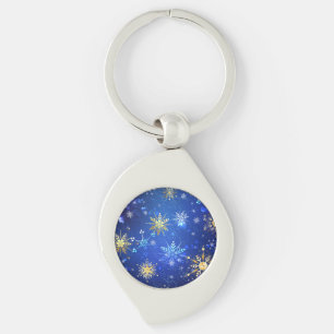 Porte-clés Fond bleu de Noël avec flocons d'or