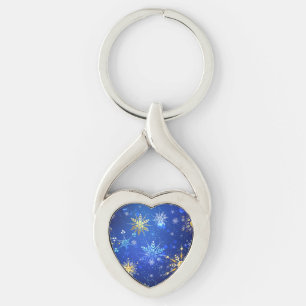 Porte-clés Fond bleu de Noël avec flocons d'or