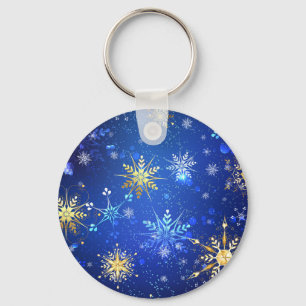 Porte-clés Fond bleu de Noël avec flocons d'or