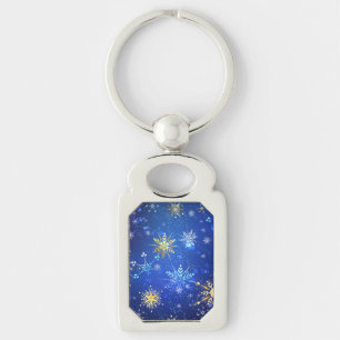 Porte-clés Fond bleu de Noël avec flocons d'or