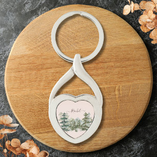 Porte-clés Forêt de pins et montagne rustique à l'aquarelle