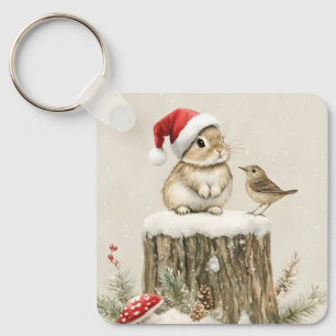 Porte-clés Forêt enneigée Bois hivernal Noël Lapin Oiseau