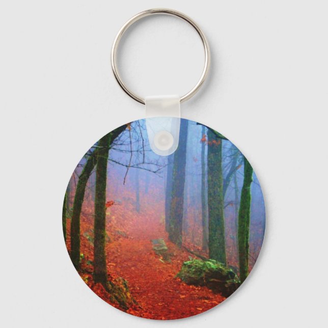 Porte-clés Forêt peinte Automne Brouillard bleu (Recto)