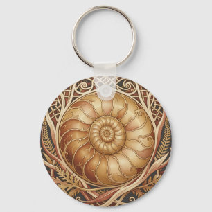 Porte-clés Fossile d'ammonite dorée Cadre celtique Motif orné