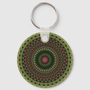 Porte-clés Foulard à motif mandala vert brillant, noir et rou