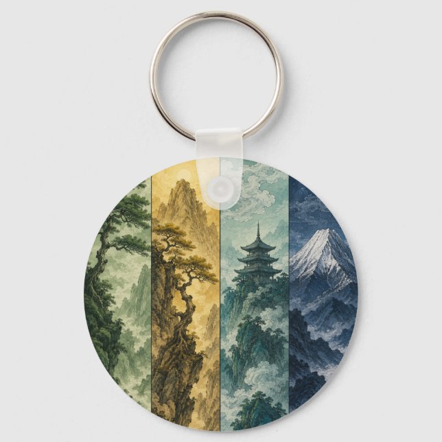 Porte-clés Four Seasons Mountain | Paysage à l'encre japonais (Recto)