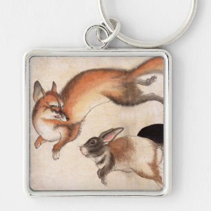 Porte-clés Fox et deux lièvres, peinture japonaise vintage