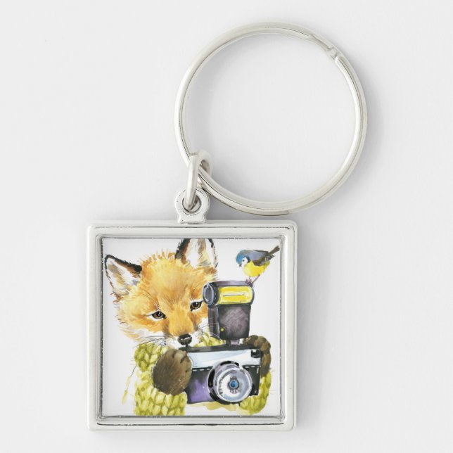 Porte-clés Fox mignon d'aquarelle prenant des photos (Devant)