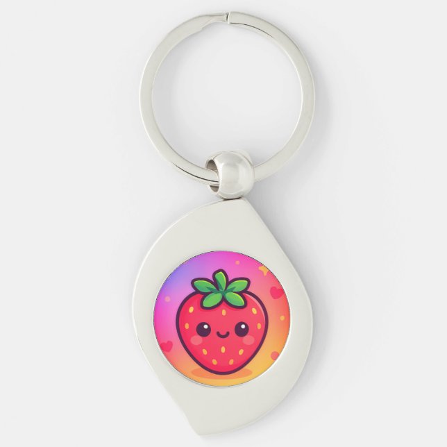 Porte-clés Fraise Kawaii souriante sur Pastel Gradient Backg (Devant)