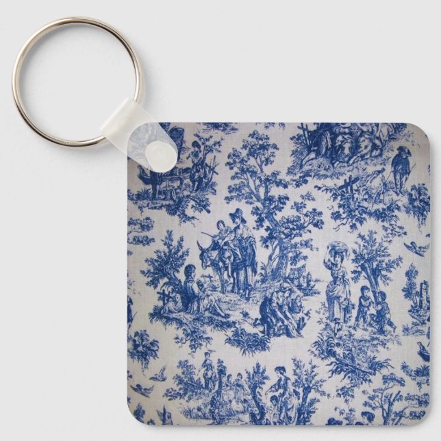 Porte-clés Française toile de jouy bleu et blanc élégant (Recto)