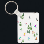 Porte-clés Freeride Snowboarder Illustration de snowboard<br><div class="desc">Illustration fantaisiste cool de snowboarders colorés,  snowboard downhill dans les montagnes parmi les pins,  l'épinette,  sapins sur la poudre de neige fraîche. Le snowboard et le sport de plein air xmas dans une forêt d'hiver. Cadeaux de snowboard. Décor de Noël de snowboard.</div>