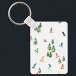 Porte-clés Freeride Snowboarder Illustration de snowboard<br><div class="desc">Illustration fantaisiste cool de snowboarders colorés,  snowboard downhill dans les montagnes parmi les pins,  l'épinette,  sapins sur la poudre de neige fraîche. Le snowboard et le sport de plein air xmas dans une forêt d'hiver. Cadeaux de snowboard. Décor de Noël de snowboard.</div>