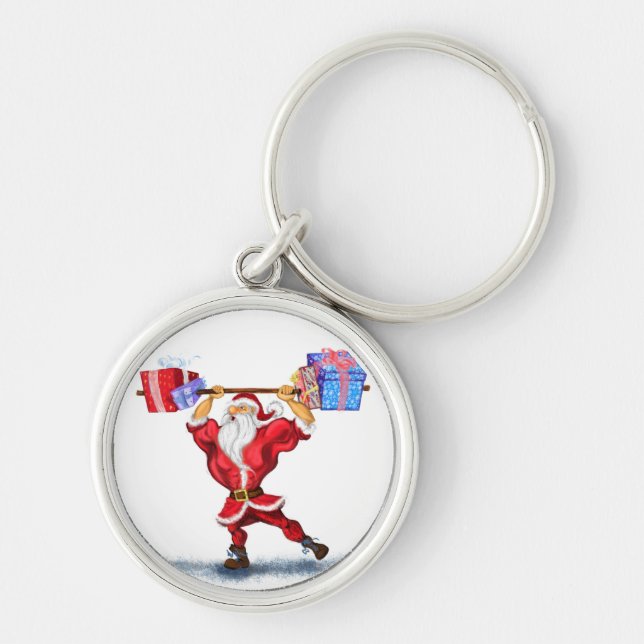 Porte-clés Fun Bodybuilder Père Noël avec cadeaux de Noël K (Devant)