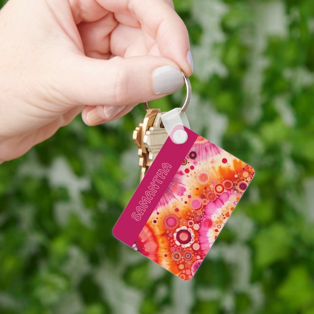 Porte-clés Fun Bold Orange Hot Pink Batik Circles Art Pattern (main)