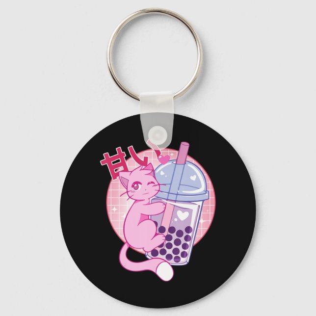 Porte-clés Fun Chat Boba Tea Bubble Tea Anime Kawaii Gift Gir (Recto)