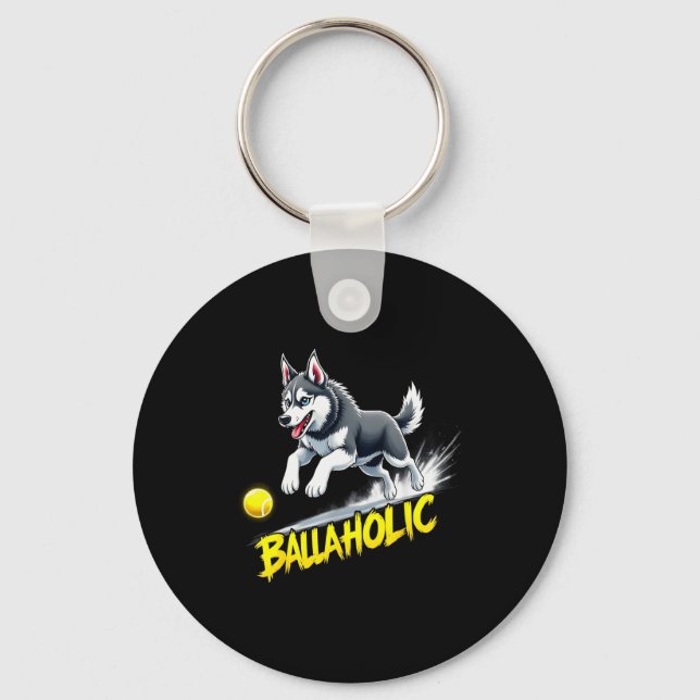 Porte-clés Funny Ballaholic Siberian Husky Dog Chasing Ball  (Recto)