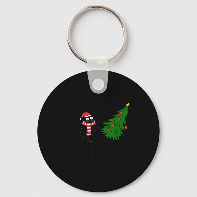 Porte-clés Funny Black Cat Gift Pushing Christmas Tree Over C (Recto)